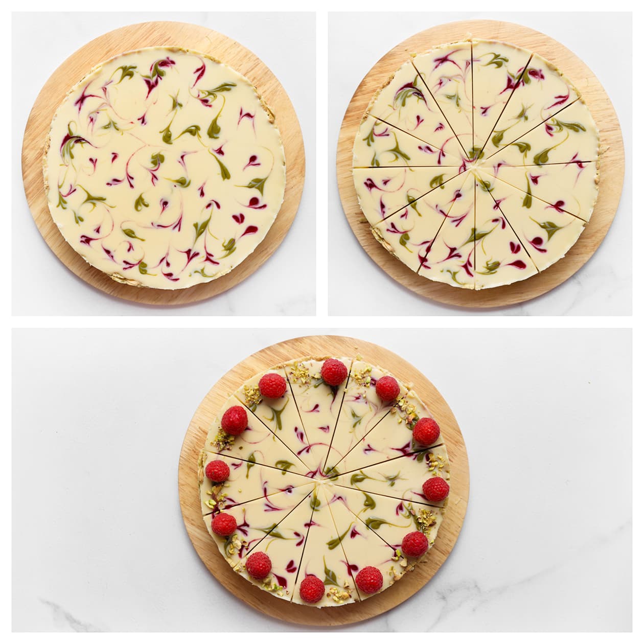 Cheesecake in stukken snijden en garneren met frambozen en pistachenoten