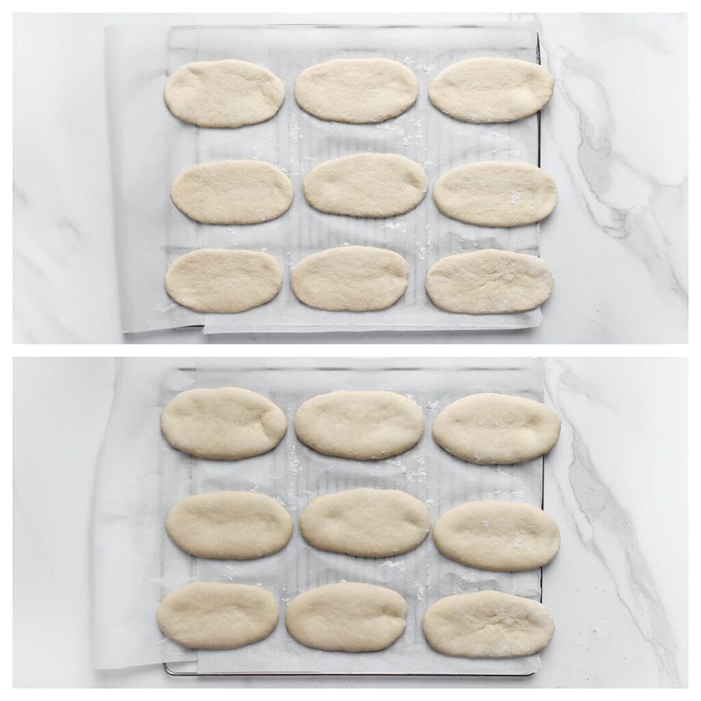 Leg het deeg op een vel bakpapier en laat nog 30 minuten rijzen, of tot het in omvang is verdubbeld.