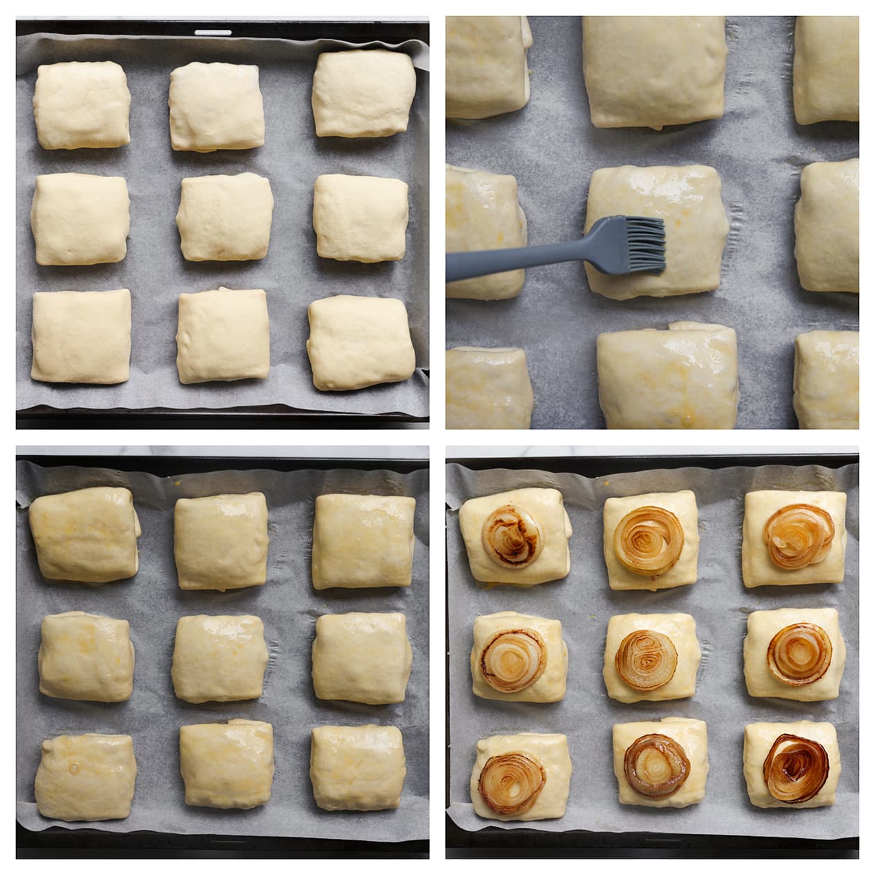 Deeg op een bakpapier beklede bakplaat leggen en garneren