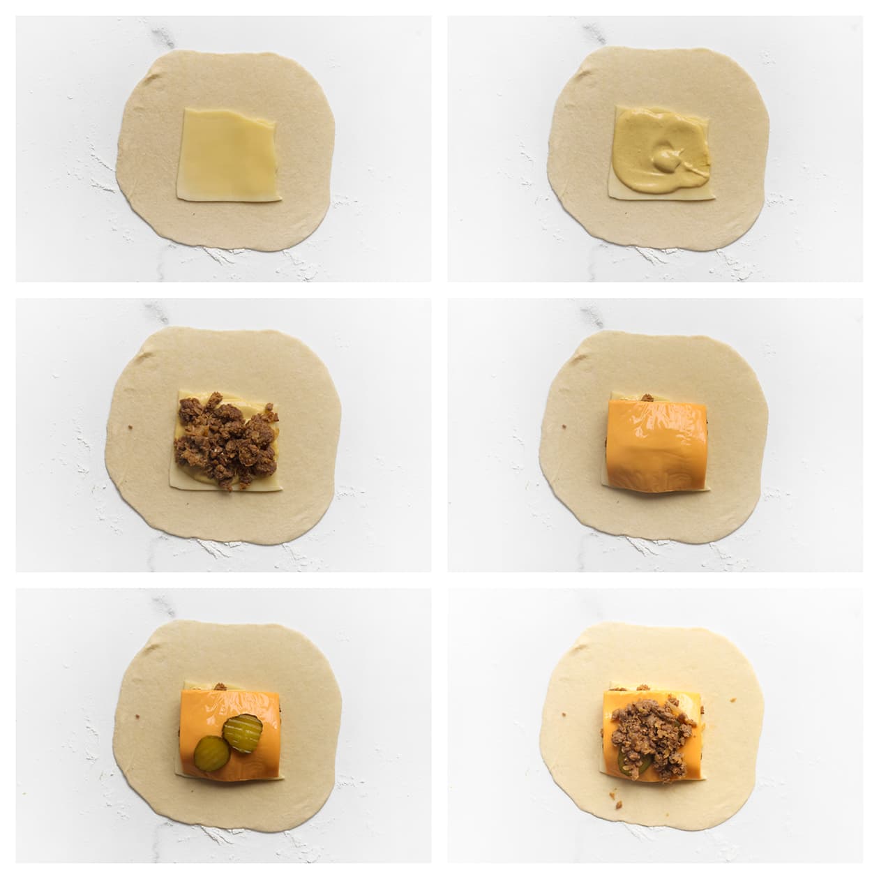 Deeg vullen met kaas, saus, gehakt, augurk en nog meer gehakt