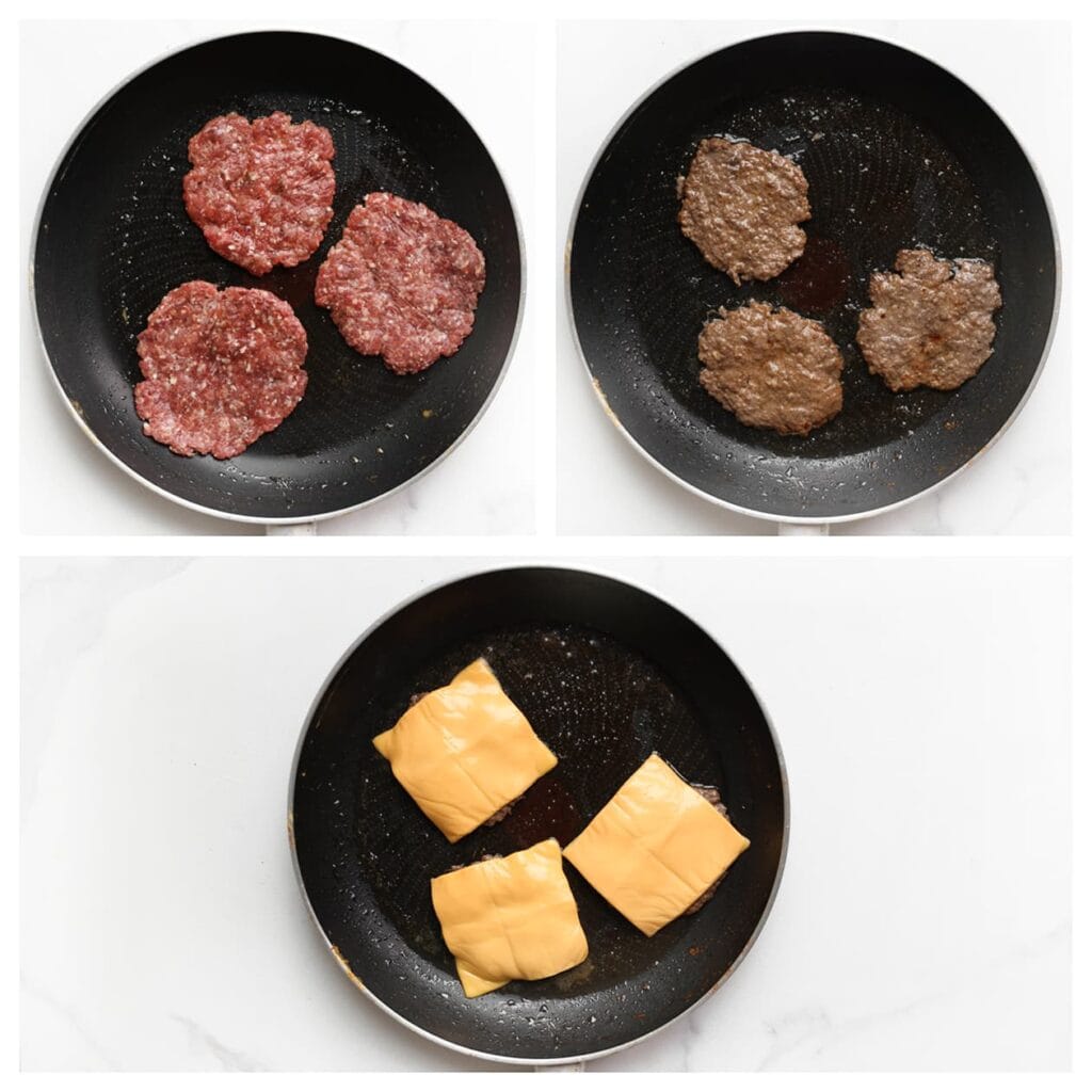 Bak de gehaktburgers in een koekenpan op middelhoog vuur voor 1 minuut aan &eacute;&eacute;n kant. Draai de gehaktburgers om en leg er meteen een plakje cheddar kaas erop. Bak nog 1 minuut.
