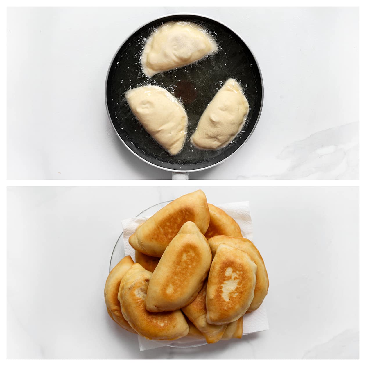 Gevulde kipbroodjes bakken in olie