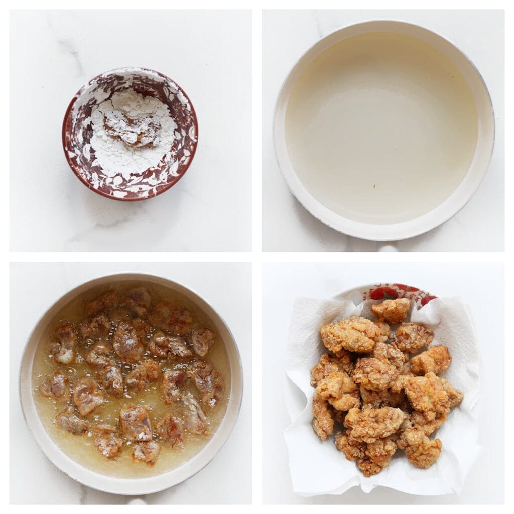 Haal de kipstukjes vlak voor het bakken nogmaals door wat ma&iuml;zena. Verhit een laagje zonnebloemolie in een koekenpan op middelhoog vuur (170 ℃). Bak de kip goudbruin en laat uitlekken op keukenpapier.