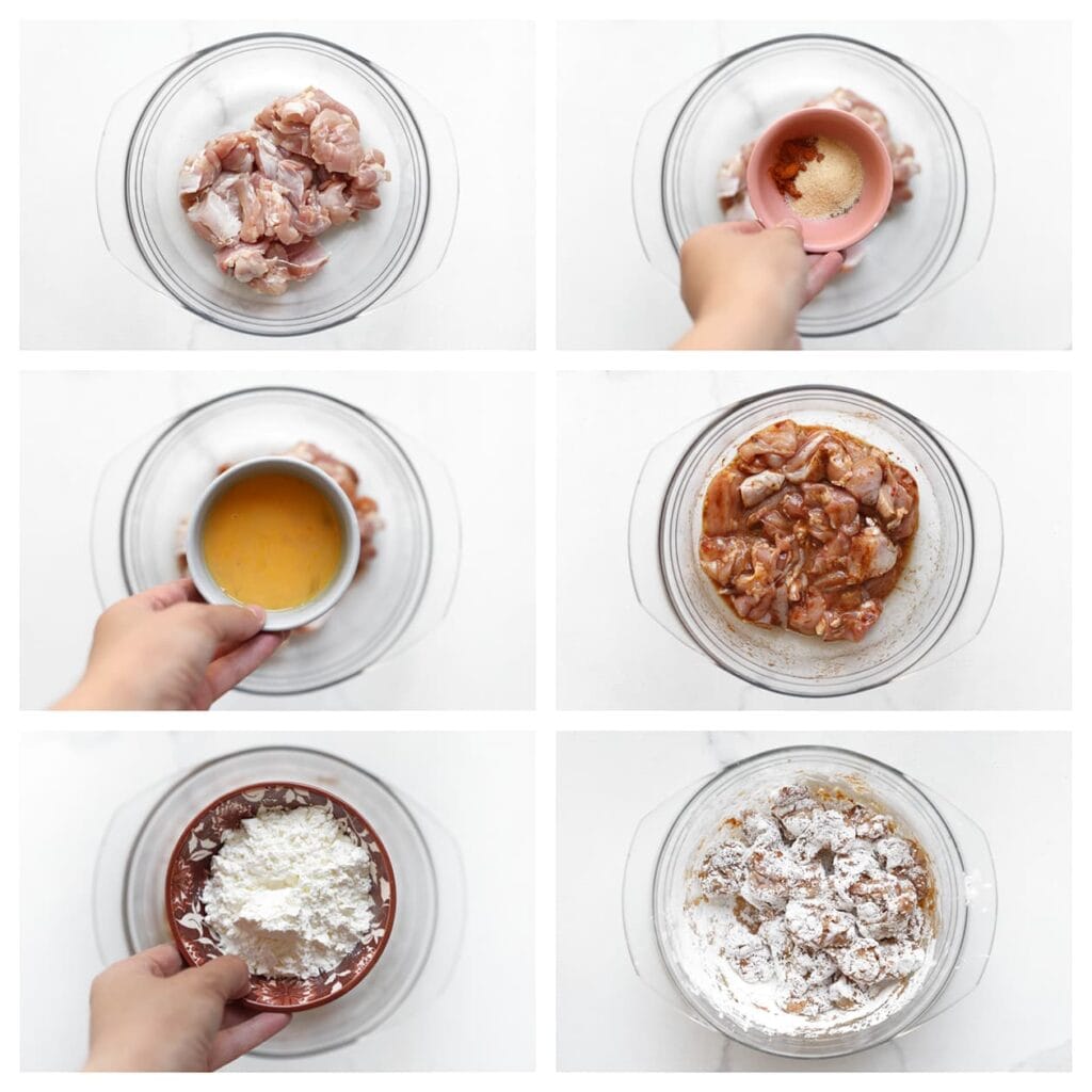 Was en snijd de kippendijen in stukjes. Doe ze in een kom en voeg het zout, knoflookpoeder, uienpoeder, de zwarte peper, cayennepeper en het geklutste ei toe. Meng goed. Voeg daarna de ma&iuml;zena toe en meng tot een geheel. Zet apart.