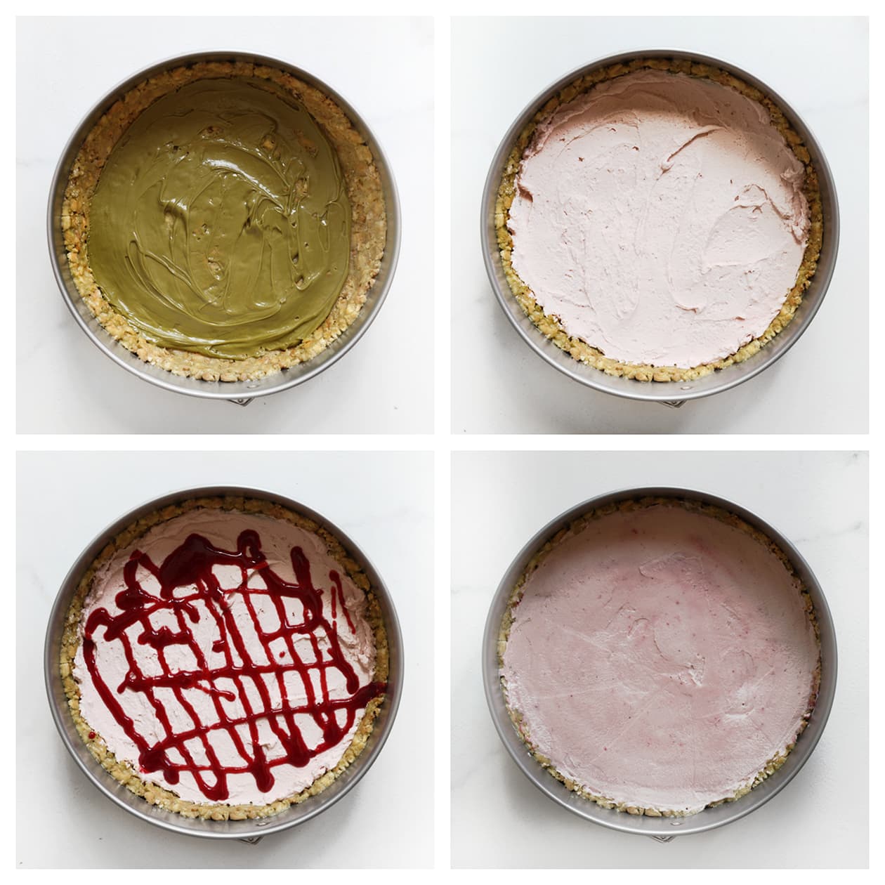 Pistache, room, siroop en room verdelen over het koekjesdeeg