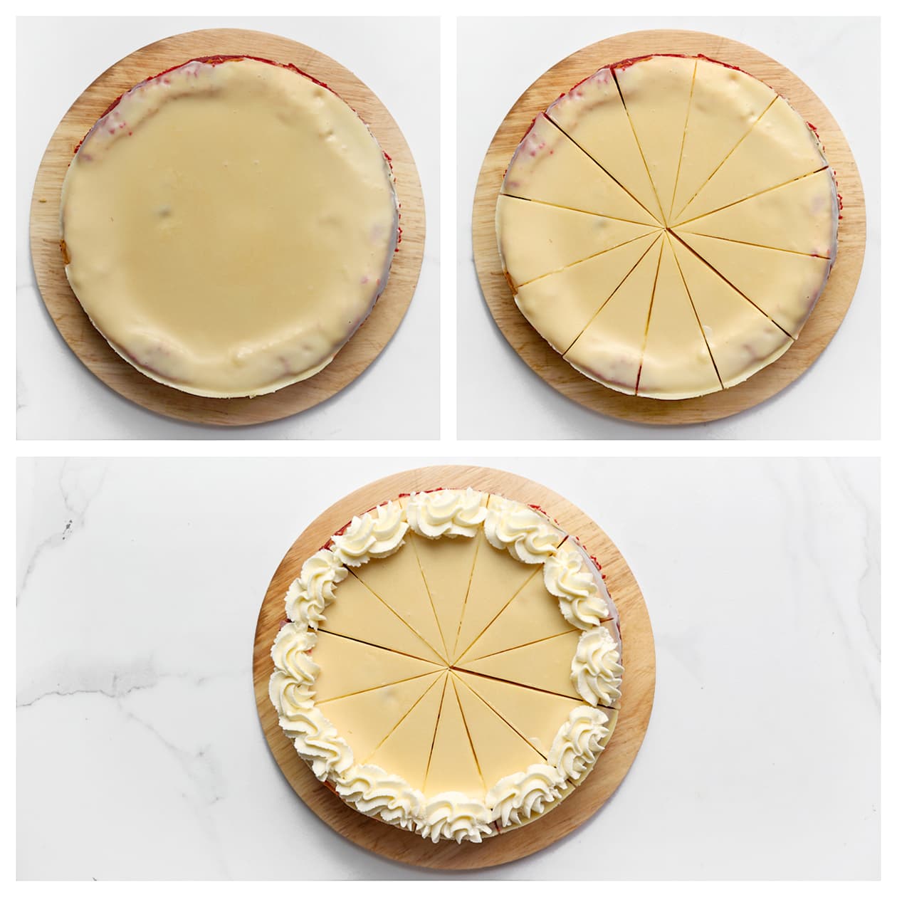Red velvet cheesecake snijden in stukken en garneren met slagroom