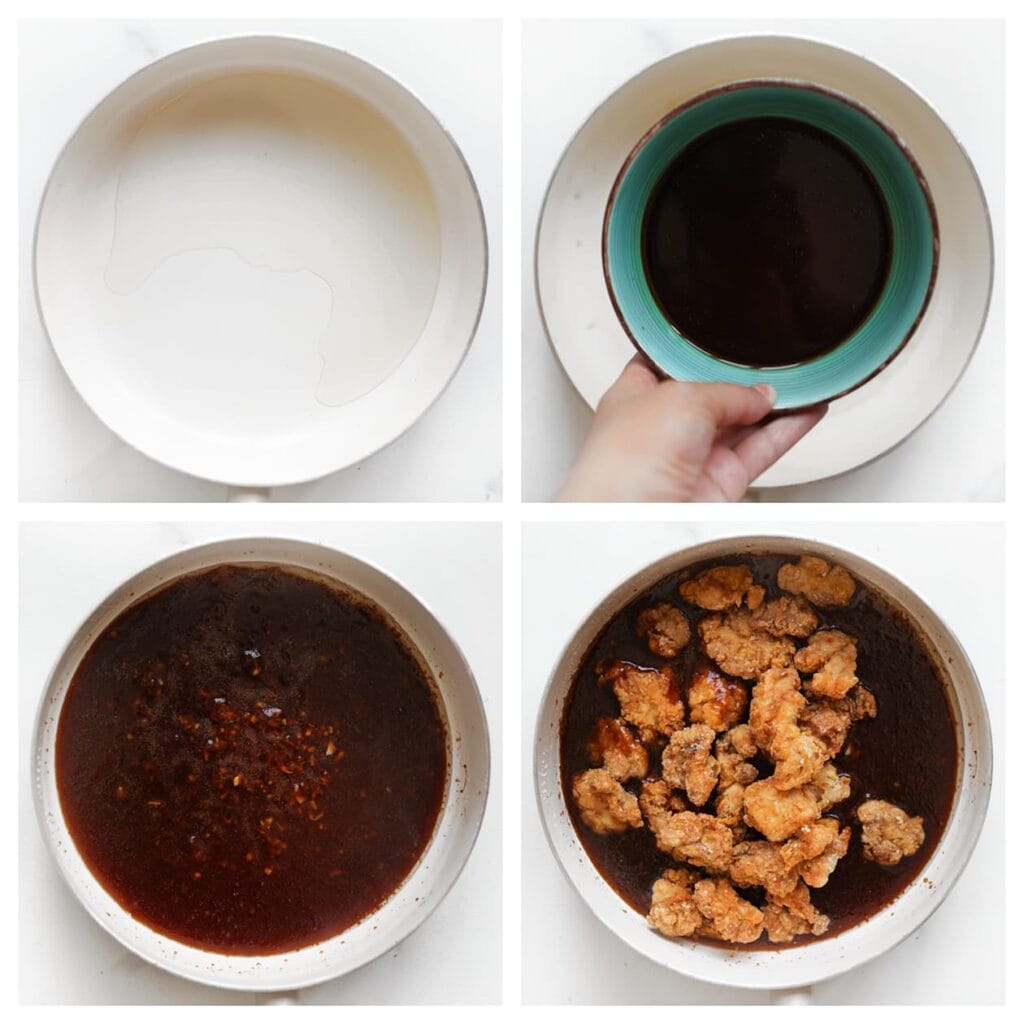 Verhit de saus samen met het ma&iuml;zenamengsel in een koekenpan op middelhoog vuur. Laat 2&ndash;3 minuten koken, of tot de saus indikt. Voeg de gebakken kip toe, meng goed en laat nog 1&ndash;2 minuten meekoken.