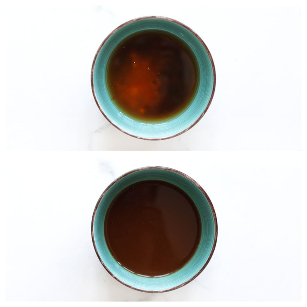 Meng de sojasaus, ketjap manis, honing en chilisaus tot een saus.