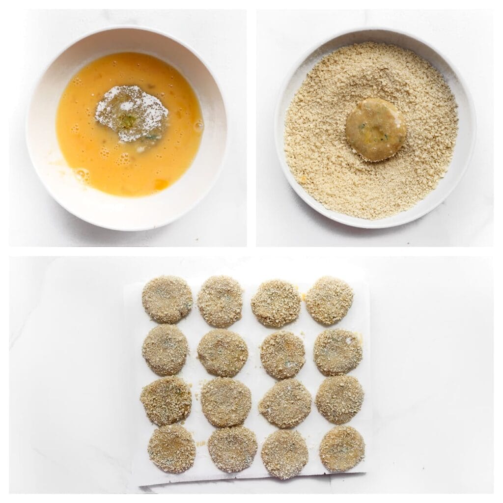 Kluts de eieren in een kom en doe panko in een andere kom. Haal de maakouda door het ei en vervolgens door de panko. Leg op bakpapier en zet apart.