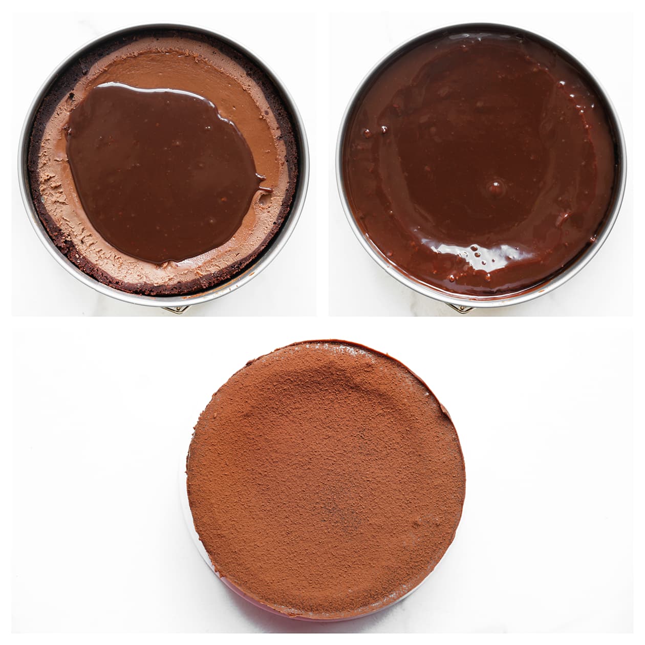 Brownie cheesecake garneren met chocoladeganache en cacaopoeder