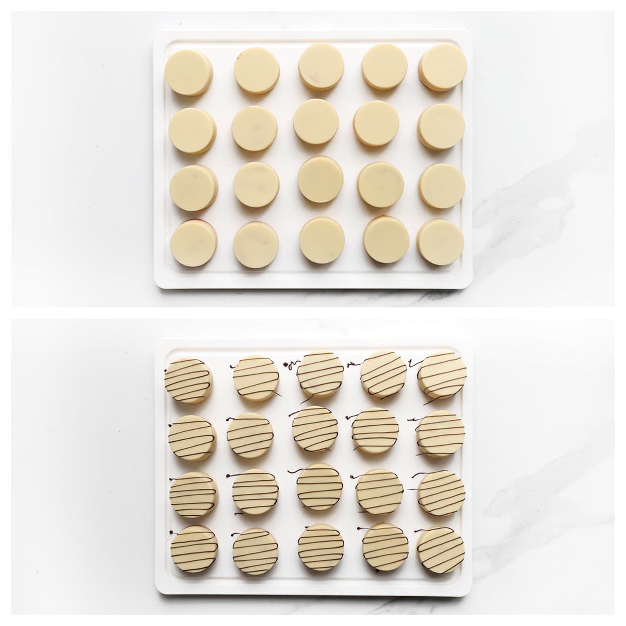 Chocoladecakejes garneren met lijntjes van chocolade