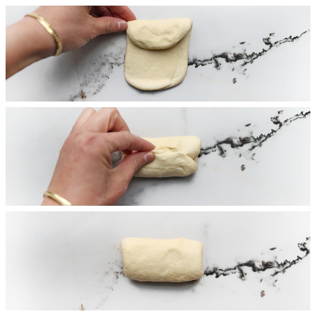 Deeg inrollen en dichtknijpen tot een rol