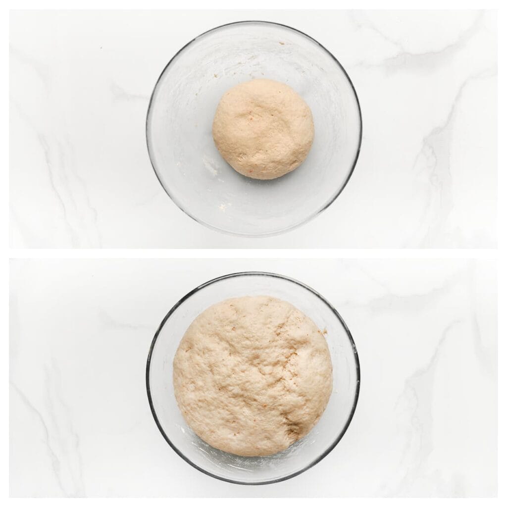 Dek het deeg af en laat 1 uur rijzen, of tot het in omvang is verdubbeld.