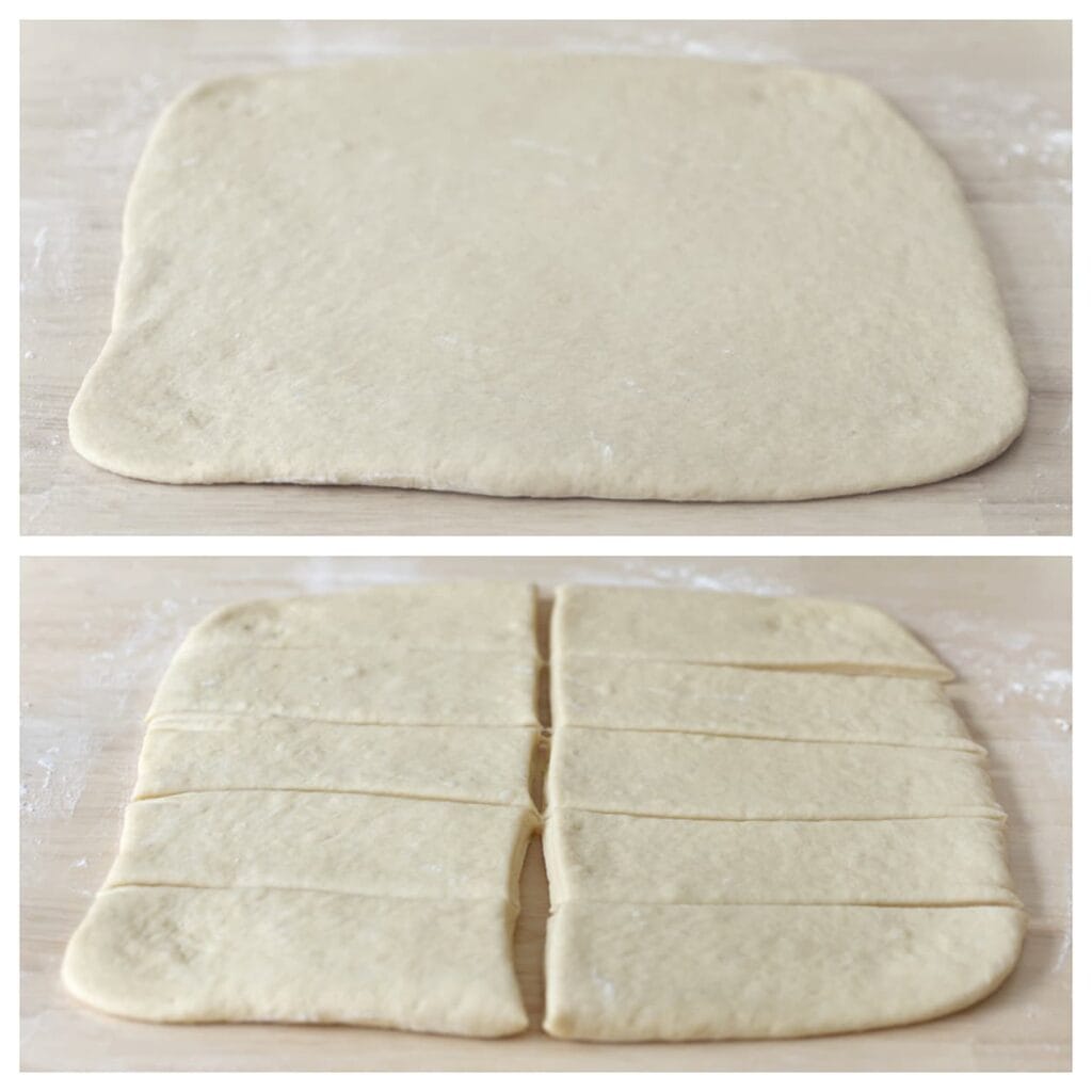 Snijd het deeg in 10 gelijke stukken.