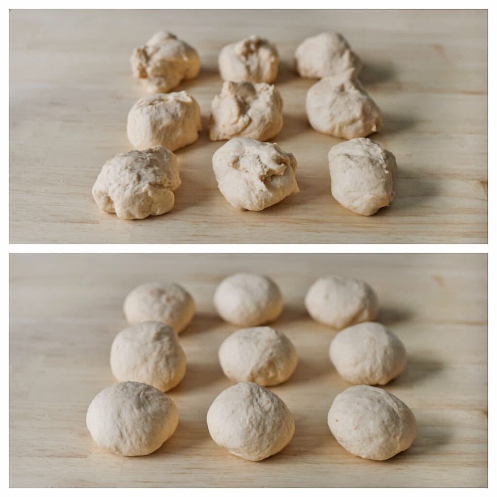 Druk de lucht uit het gerezen deeg en verdeel in 9 gelijke stukken. Vorm er bollen van.
