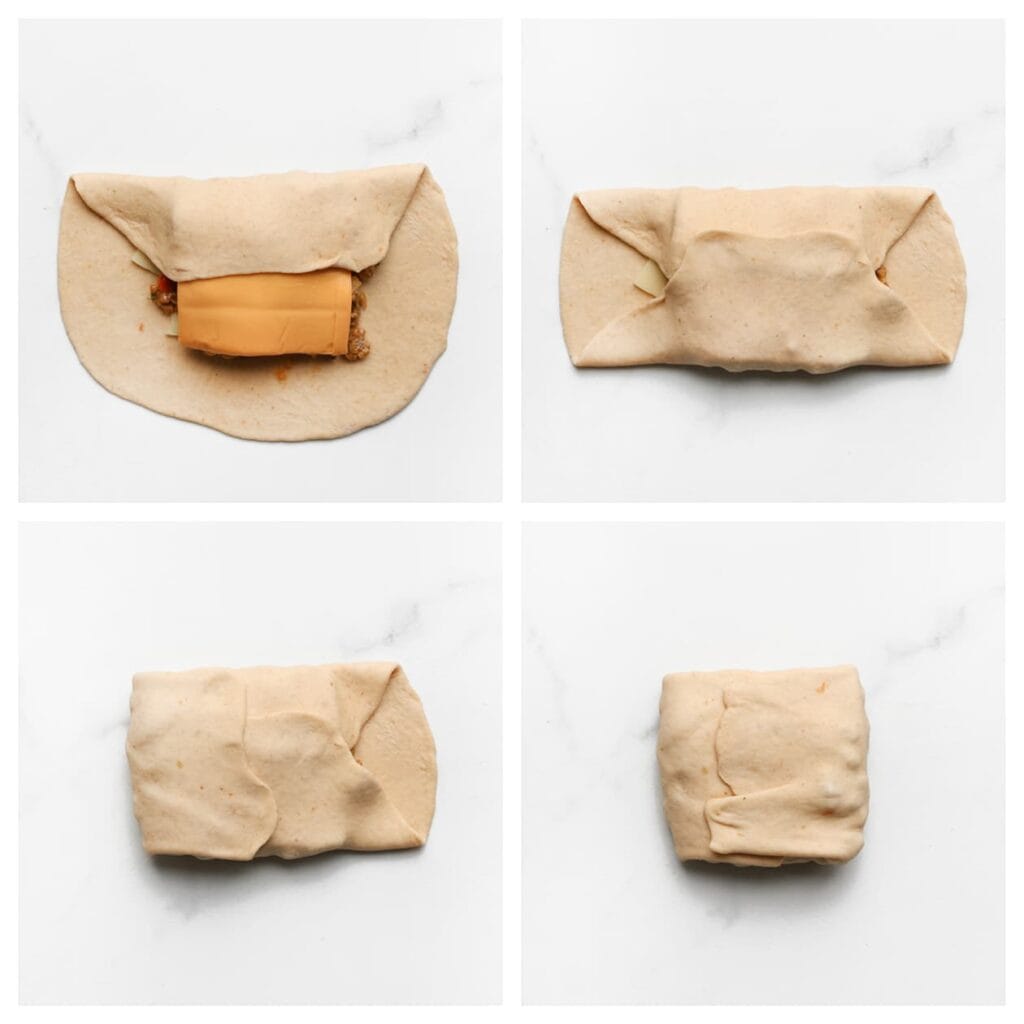 Vouw beide zijkanten naar het midden zodat er een rechthoek ontstaat. Vouw daarna de boven- en onderkant naar binnen tot een pakketje.