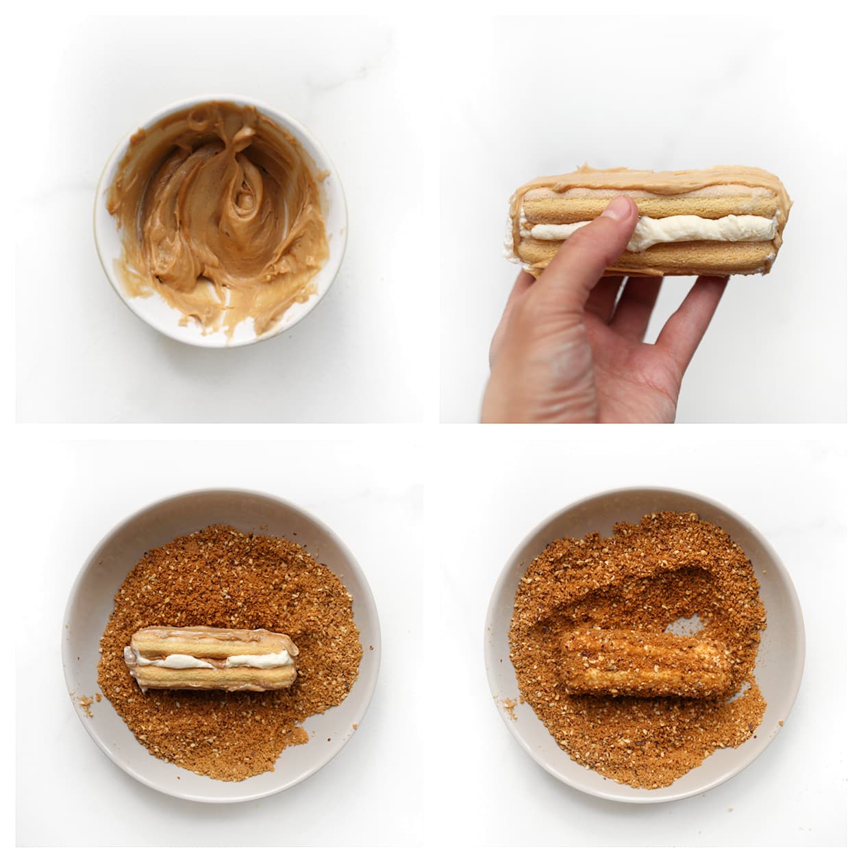 Desserts insmeren met biscoffpasta en door de kruimels halen