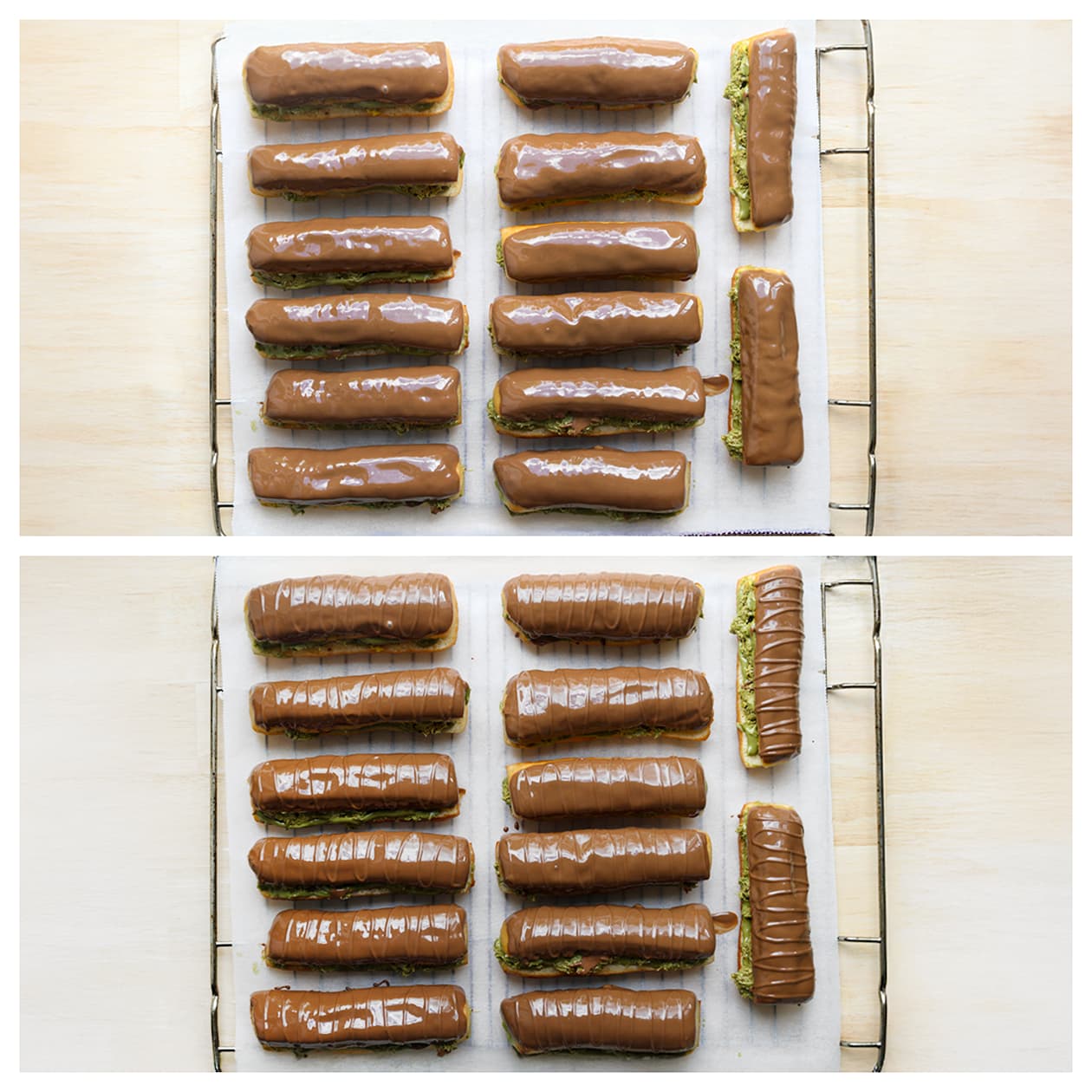 Donuts op een vel bakpapier leggen en garneren met chocolade lijntjes