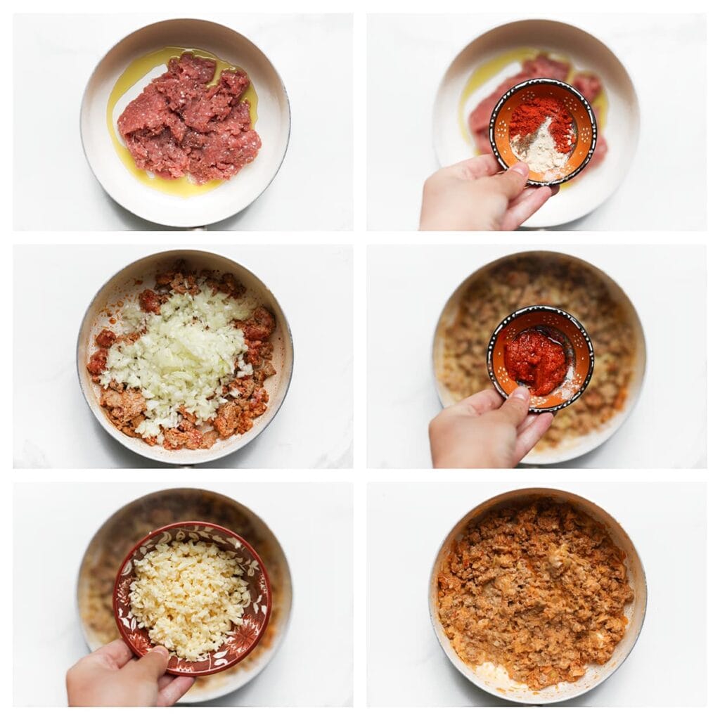 Verhit de zonnebloemolie in een hapjespan op middelhoog vuur. Voeg het gehakt, de cayennepeper, paprikapoeder, uienpoeder, knoflookpoeder en het zout toe. Bak 3-4 minuten. Voeg de gesnipperde ui toe en bak 5 minuten. Voeg de rode pesto en geraspte kaas toe, en meng goed.