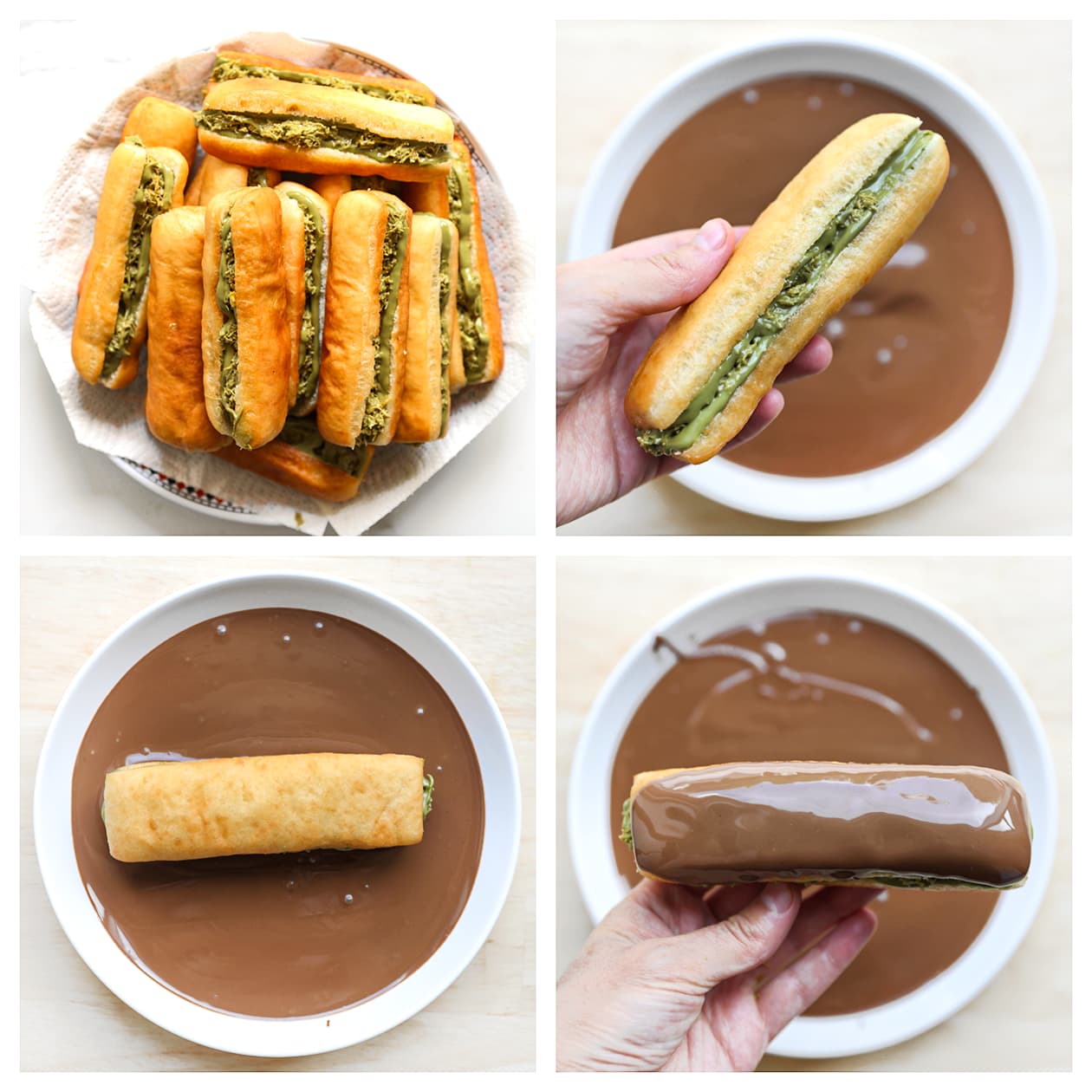 Gevulde pistachedonuts door de chocolade halen