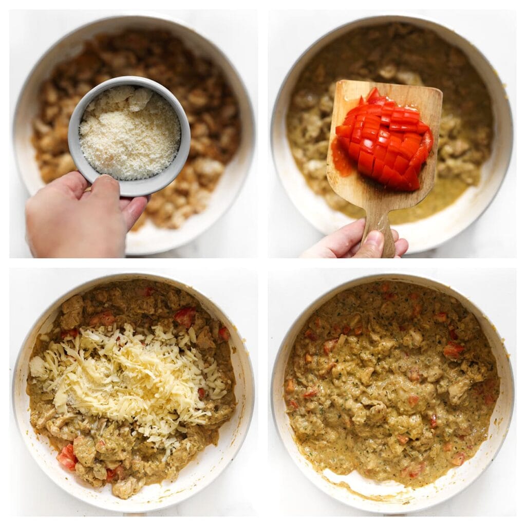 Voeg de Parmezaanse kaas, tomaat en geraspte kaas toe en kook nog 2-3 minuten mee.