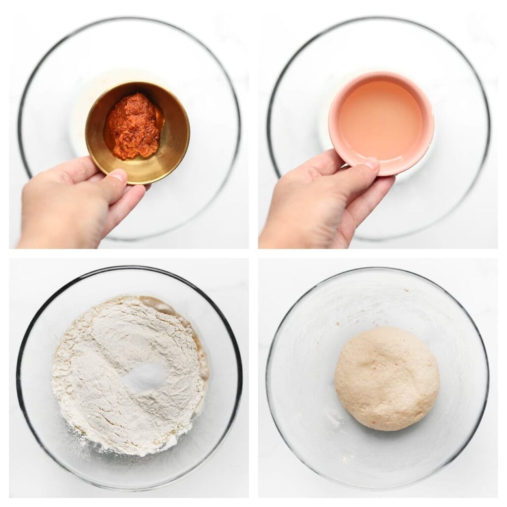 Voeg de rode pesto, zonnebloemolie, bloem en het zout toe. Kneed het deeg 10-12 minuten tot een samenhangend deeg.