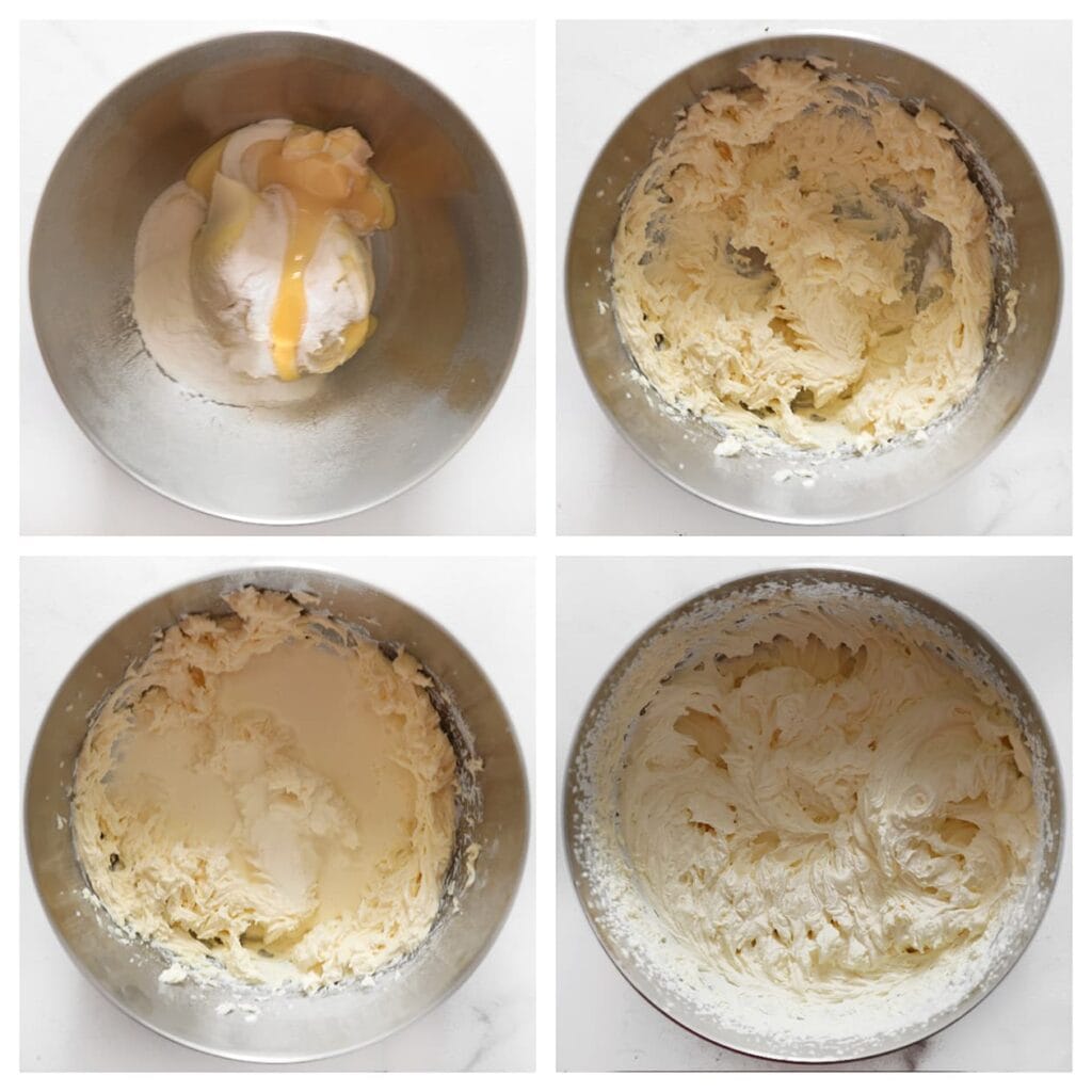 Maak de room: doe de mascarpone, gecondenseerde melk, vanillesuiker en Klopfix in een diepe kom en mix 1 minuut. Voeg de slagroom beetje bij beetje toe en klop tot een stevige room ontstaat. Doe de room in een spuitzak met spuitmondje.