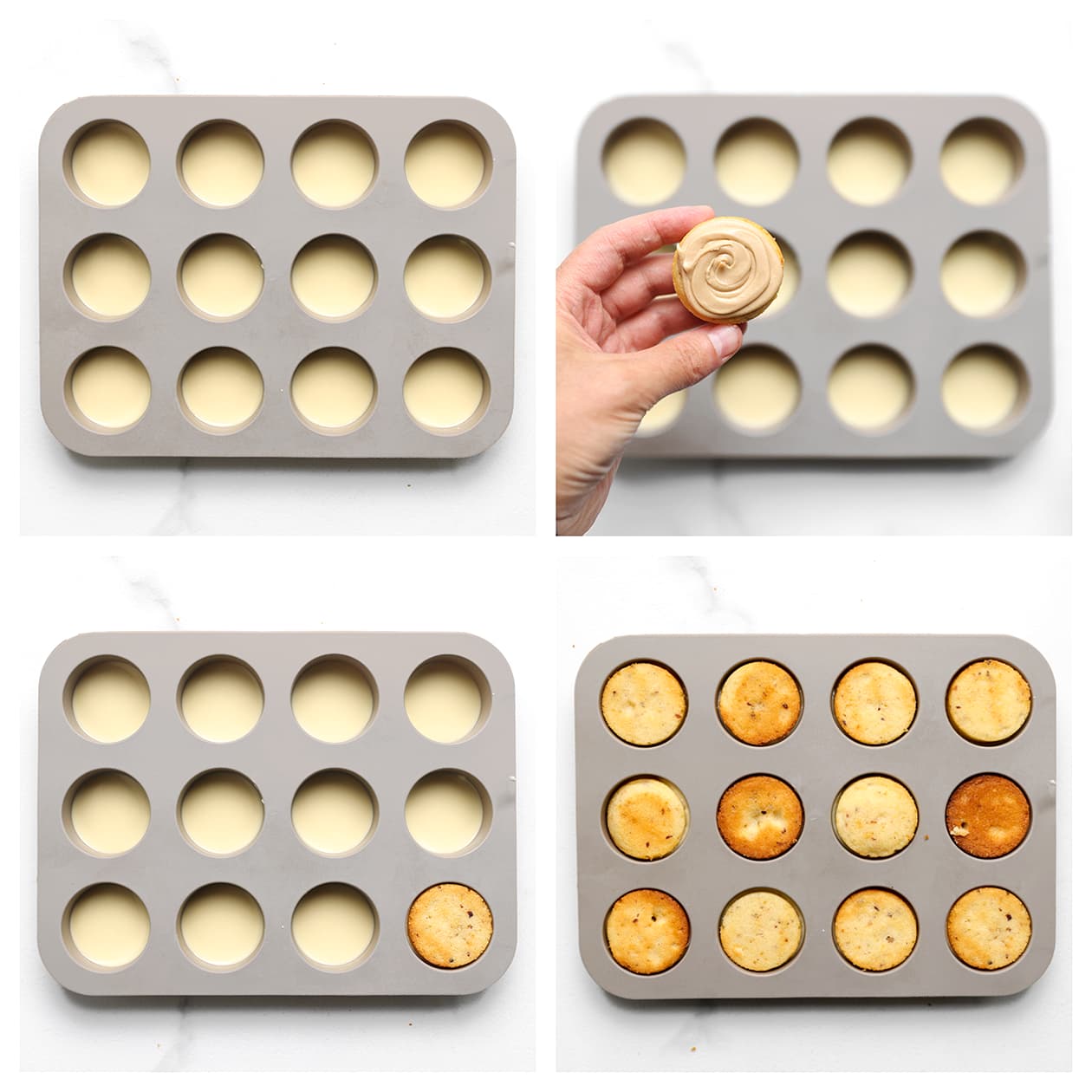 Siliconenvorm vullen met witte chocolade en gevulde cakejes