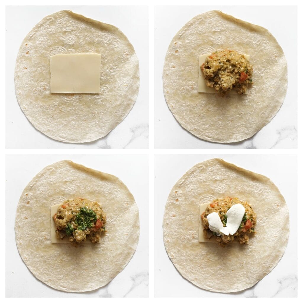 Leg een wrap op het werkblad en beleg met een plakje kaas, het kipmengsel, een beetje pesto en mozzarella.