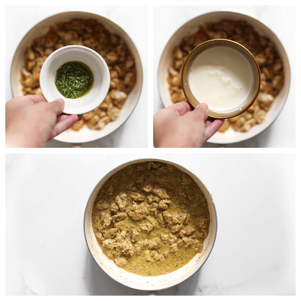 Roer de pesto en slagroom erdoor. Laat 5 minuten pruttelen tot de saus iets is ingedikt.