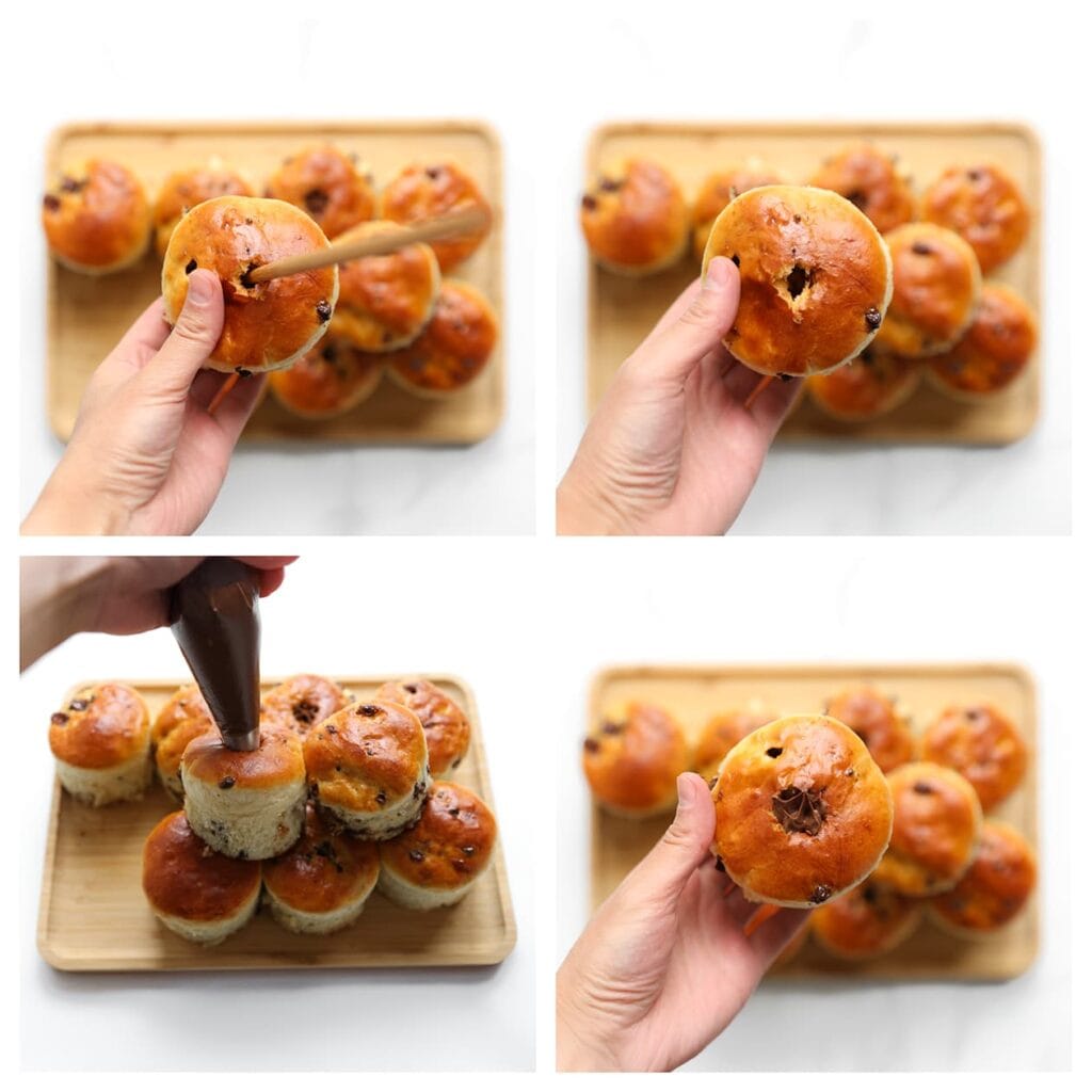 Maak een klein kuiltje bovenop elke bol en vul dit met een beetje chocoladepasta voor extra smeu&iuml;gheid. Bestrooi de broodjes tot slot met poedersuiker.