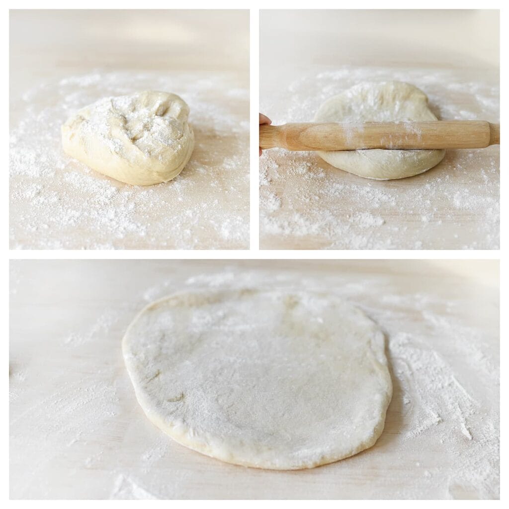 Druk de lucht uit het deeg en leg het op een met bloem bestoven werkvlak. Rol het uit tot een ronde lap.