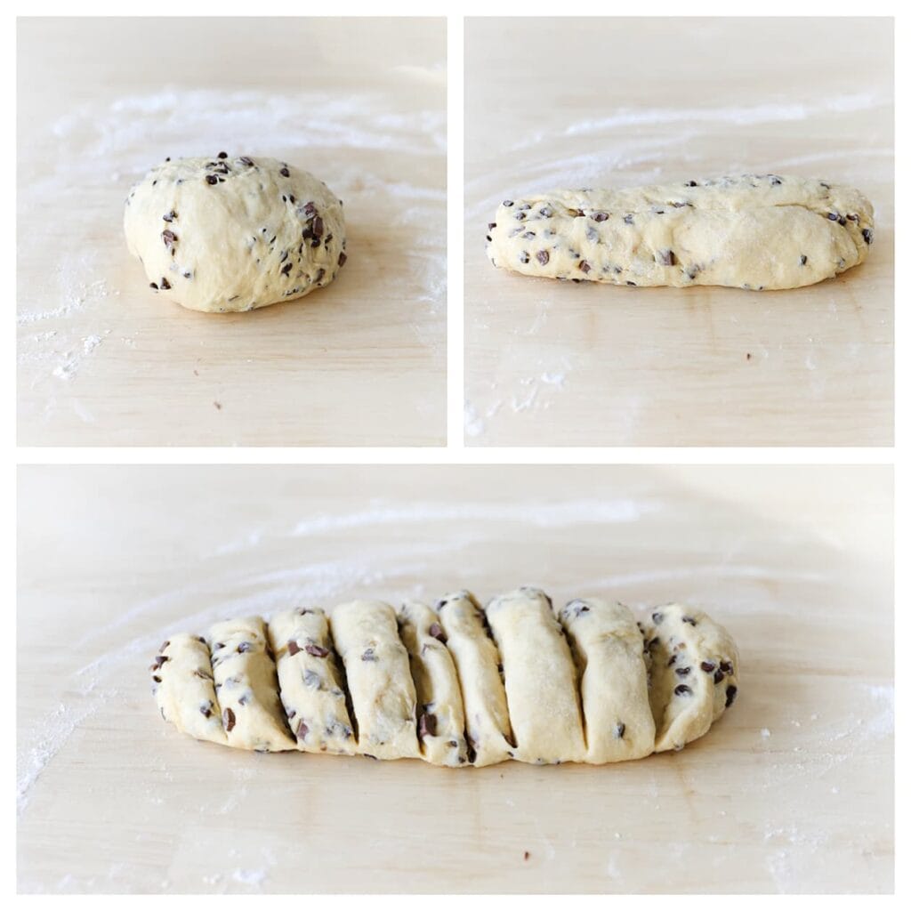 Kneed kort zodat de chocolade goed door het deeg wordt verdeeld en vorm het deeg tot een langwerpige rol. Verdeel in 9 gelijke stukken (ongeveer 85 g per stuk). 