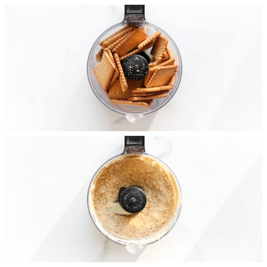 Maal de petit beurre koekjes fijn in een hakmolen.