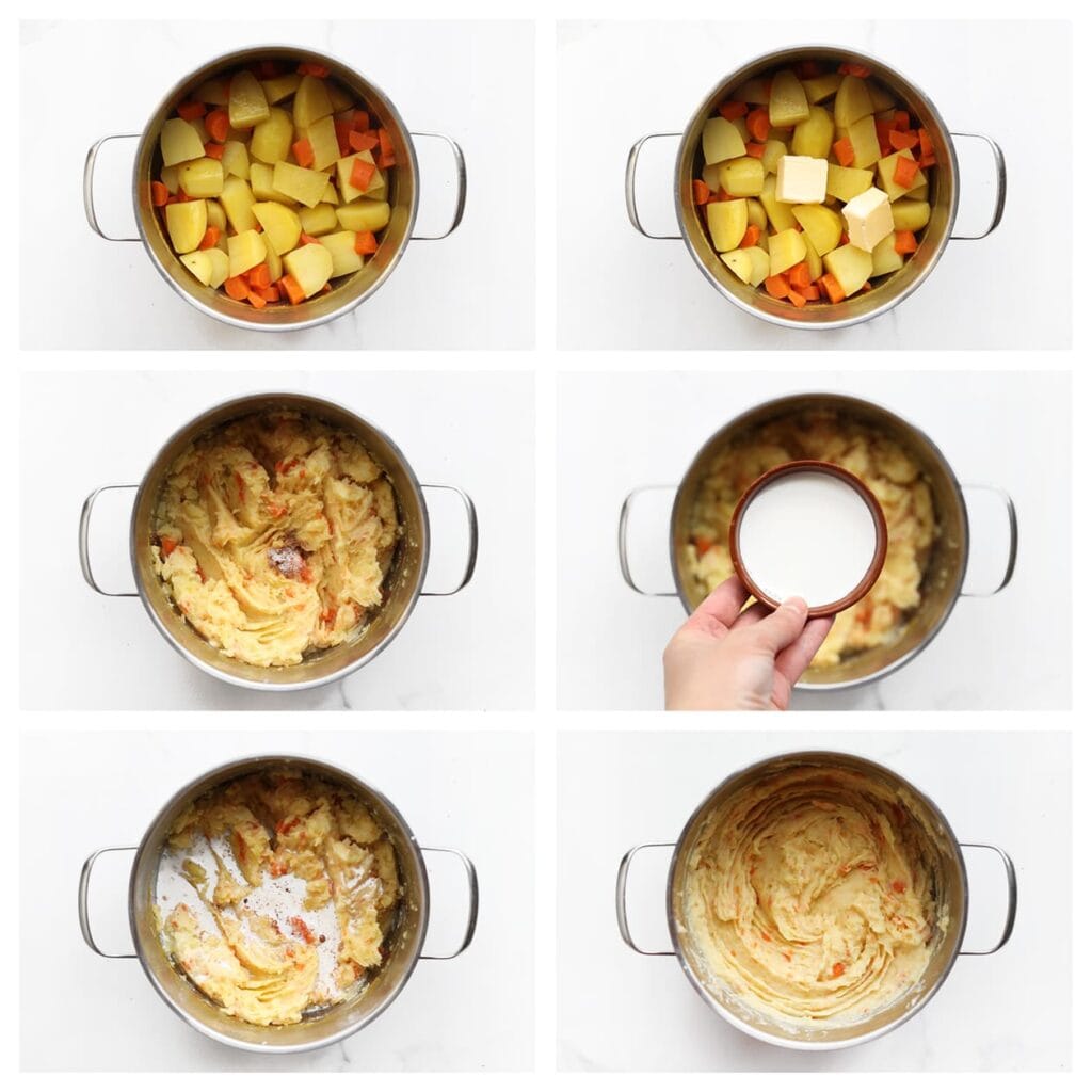 Voeg de roomboter toe en stamp de groenten tot een gladde puree. Voeg het zout, de nootmuskaat en de melk toe. Meng goed.