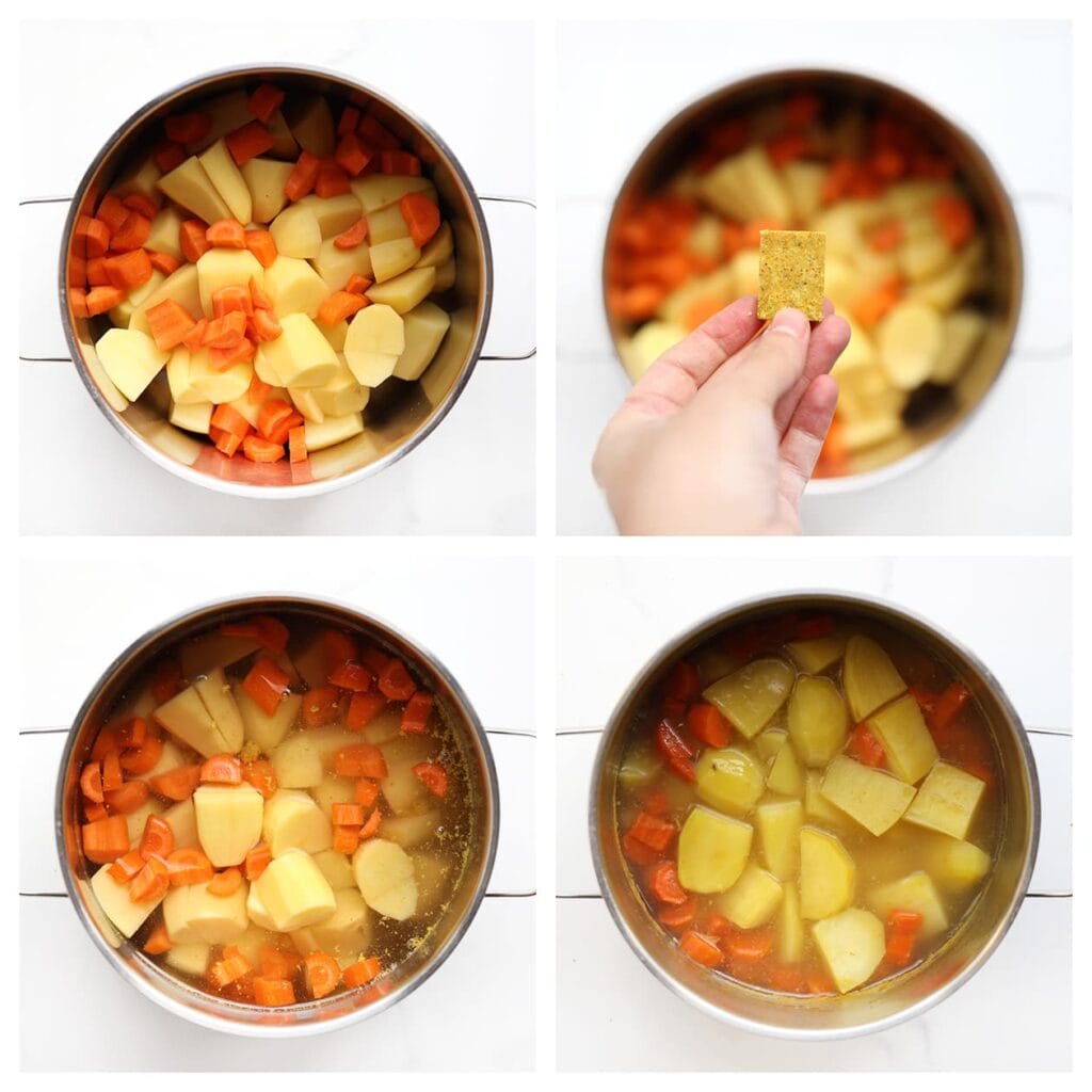 Schil de aardappels en snijd ze in gelijke blokjes. Schil de wortels en snijd ze in plakjes. Doe de aardappels en wortels in een pan, verkruimel het kippenbouillonblokje erboven en voeg het water toe. Breng aan de kook en kook de groenten in 15&ndash;20 minuten gaar. Giet daarna het water af.