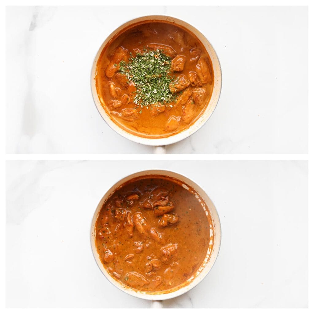 Haal de pan van het vuur, voeg de salade kruiden toe en meng goed.