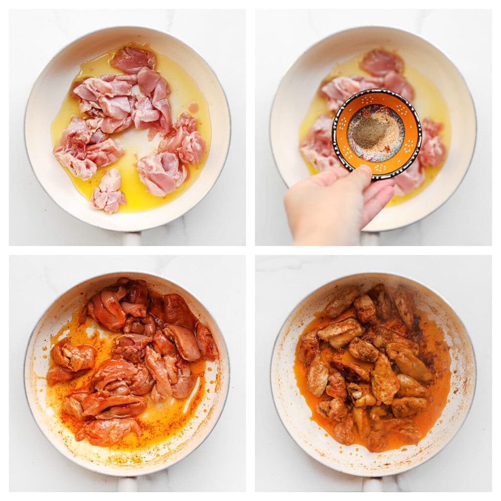 Verhit de olijfolie in een koekenpan op middelhoog vuur. Voeg de stukjes kippendijen, knoflookpoeder, paprikapoeder, uienpoeder en de zwarte peper toe. Bak de kip 5&ndash;6 minuten goudbruin.