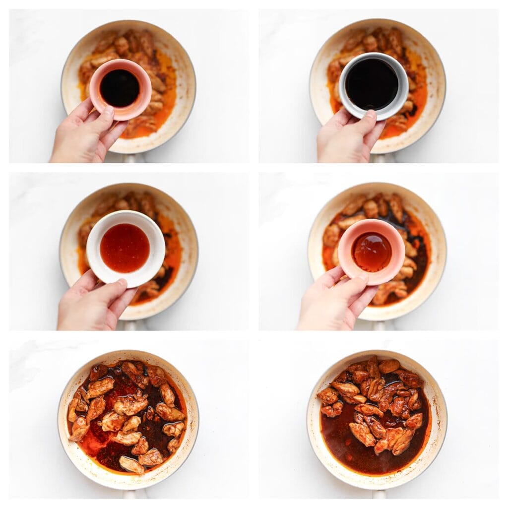 Voeg de ketjap manis, sojasaus, hot chilisaus en oestersaus toe en laat 2 minuten pruttelen.