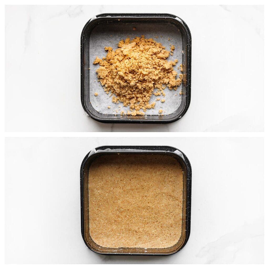 Verdeel het koekjesmengsel over een met bakpapier beklede springvorm en druk stevig aan met de achterkant van een lepel. Zet de bodem even in de koelkast om op te stijven.