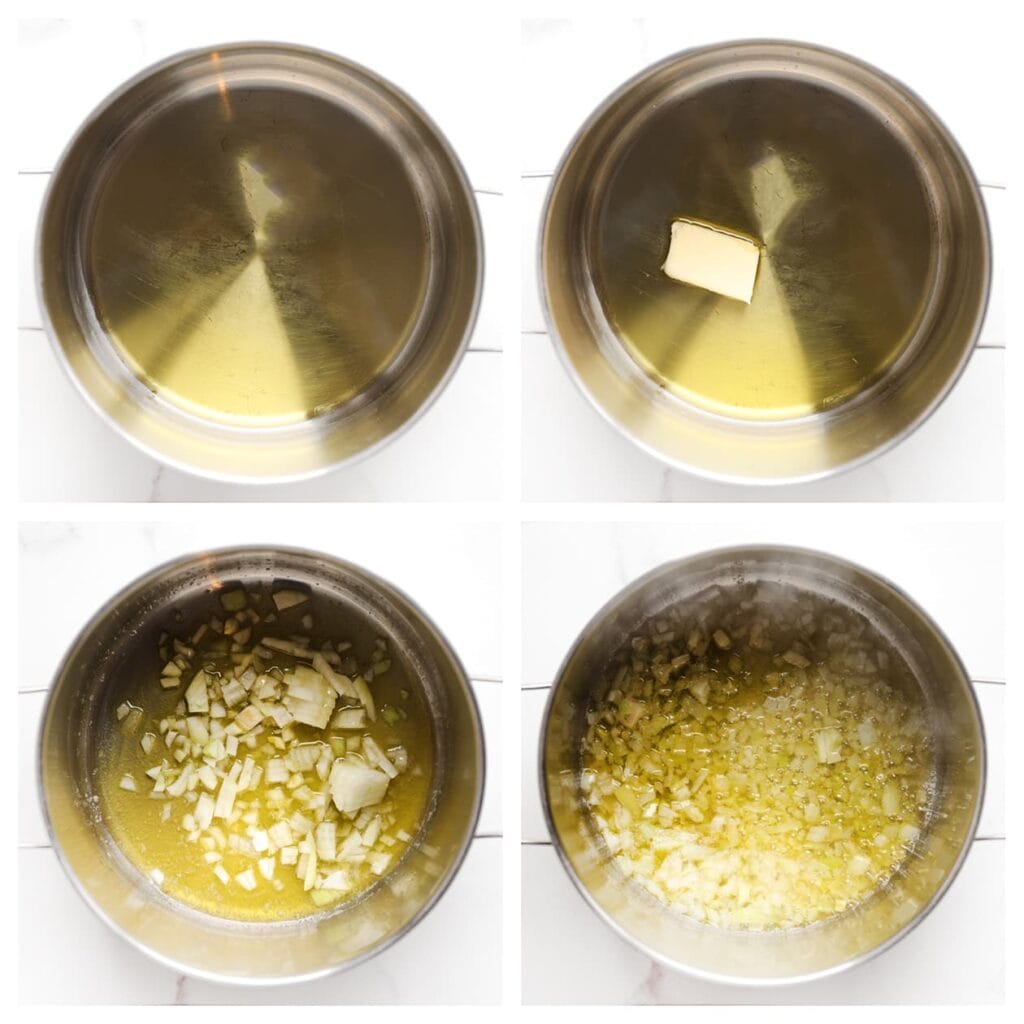 Verhit de olijfolie samen met 25 g roomboter in een ruime pan op middelhoog vuur. Voeg de gesnipperde ui toe en bak 3-4 minuten.