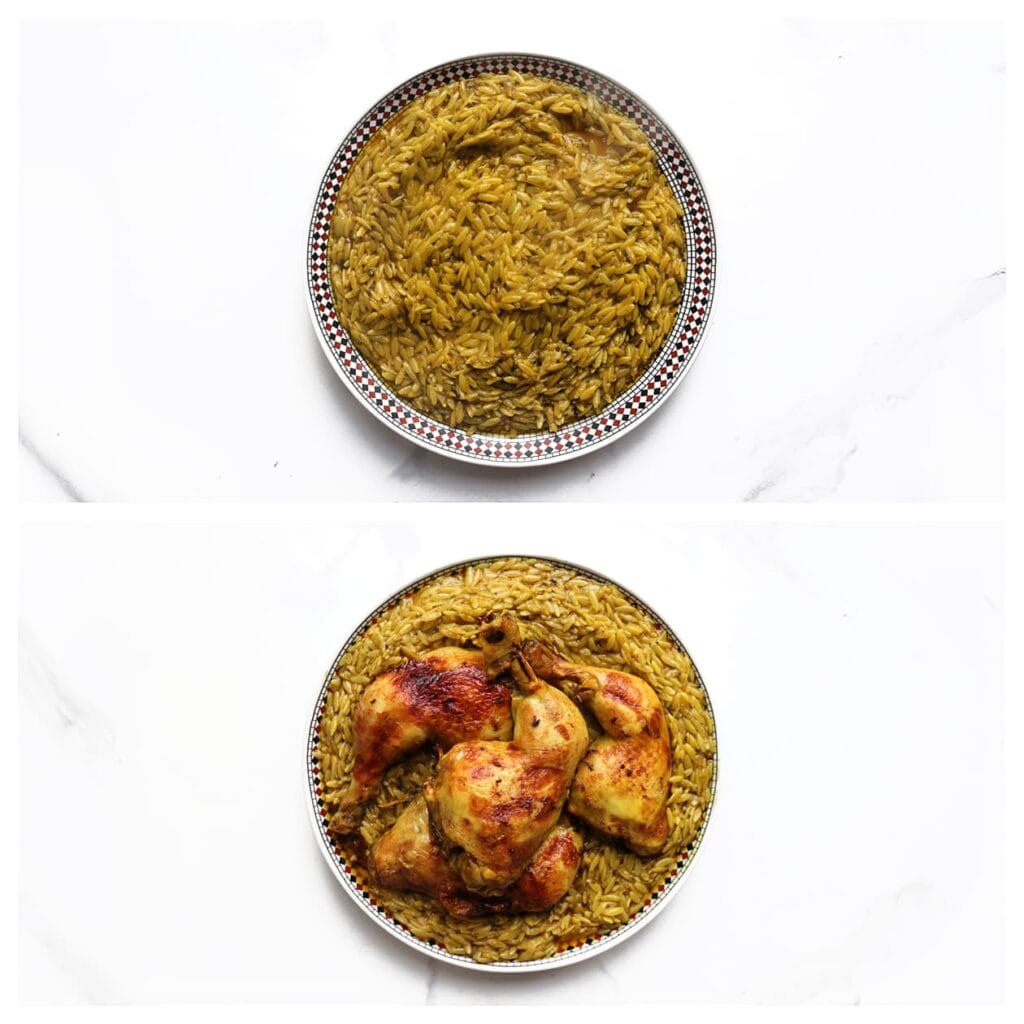 Verdeel de orzo over een groot bord en leg de kip erop. 