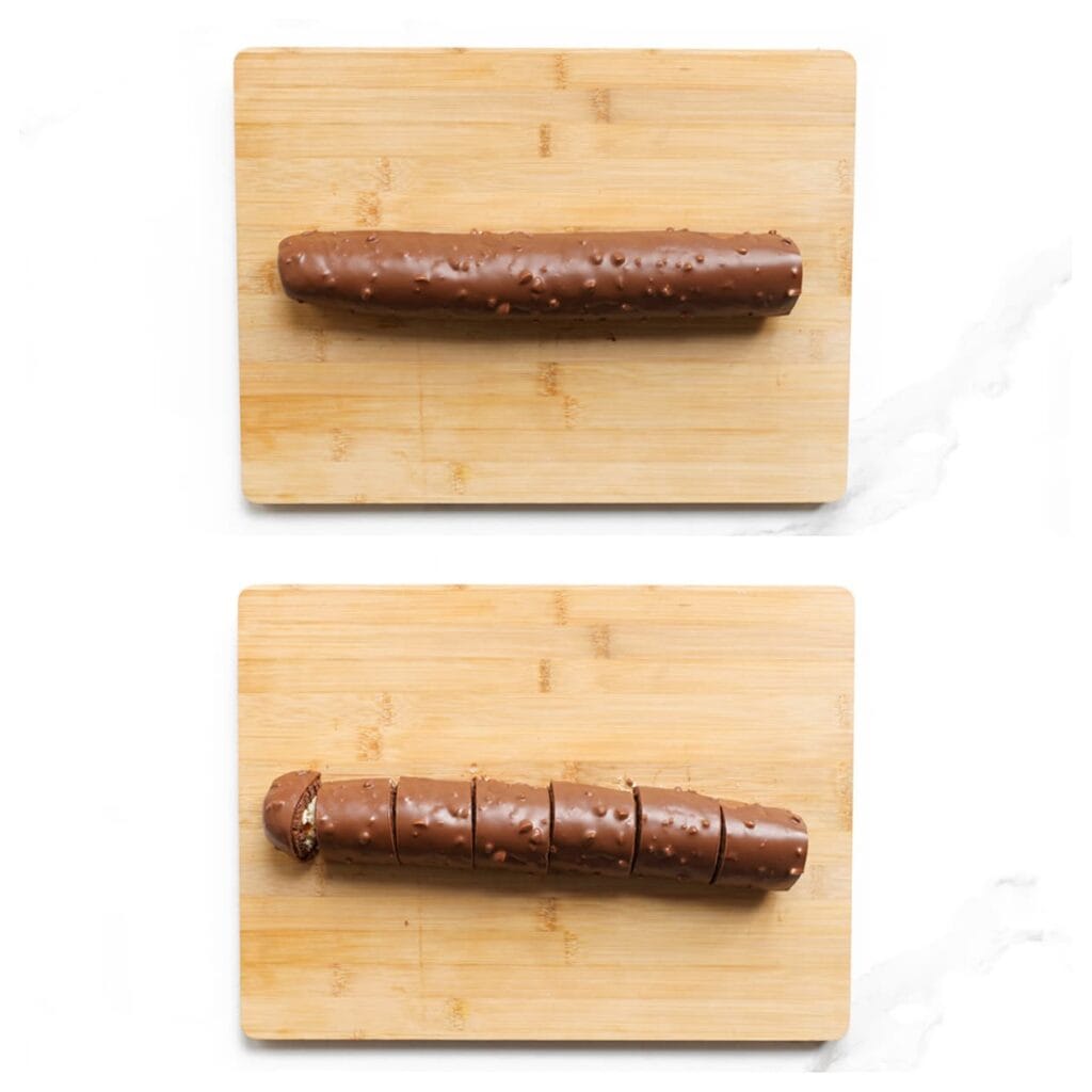 Snijd de chocolade-rolcake in mooie stukken en serveer.