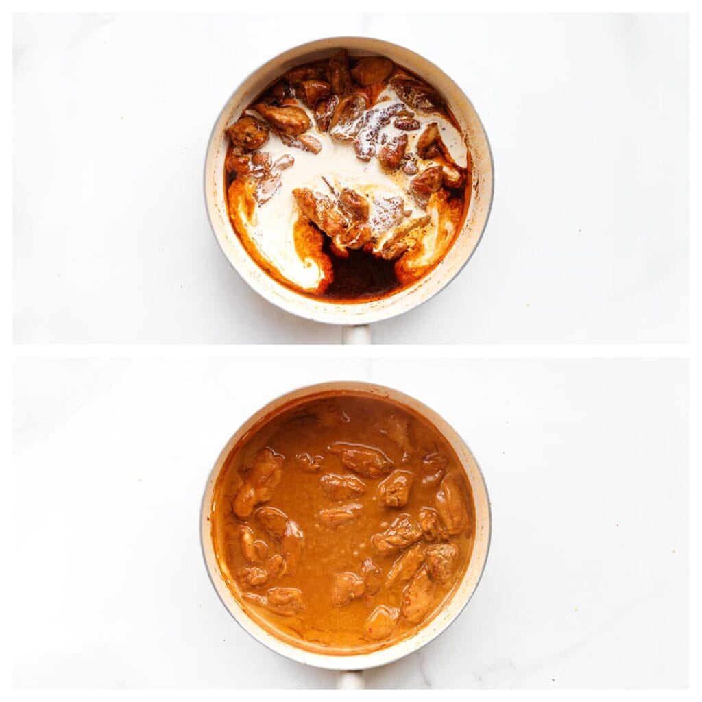 Schenk de ongeklopte slagroom erbij en laat het geheel koken tot de saus iets is ingedikt.