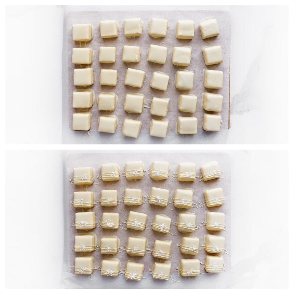 Garneer met lijntjes witte chocolade en bestrooi met geraspte kokos.