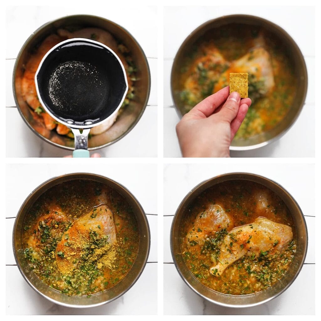 Giet het gekookte water erbij en verkruimel het kippenbouillonblokje boven de pan. Meng opnieuw.