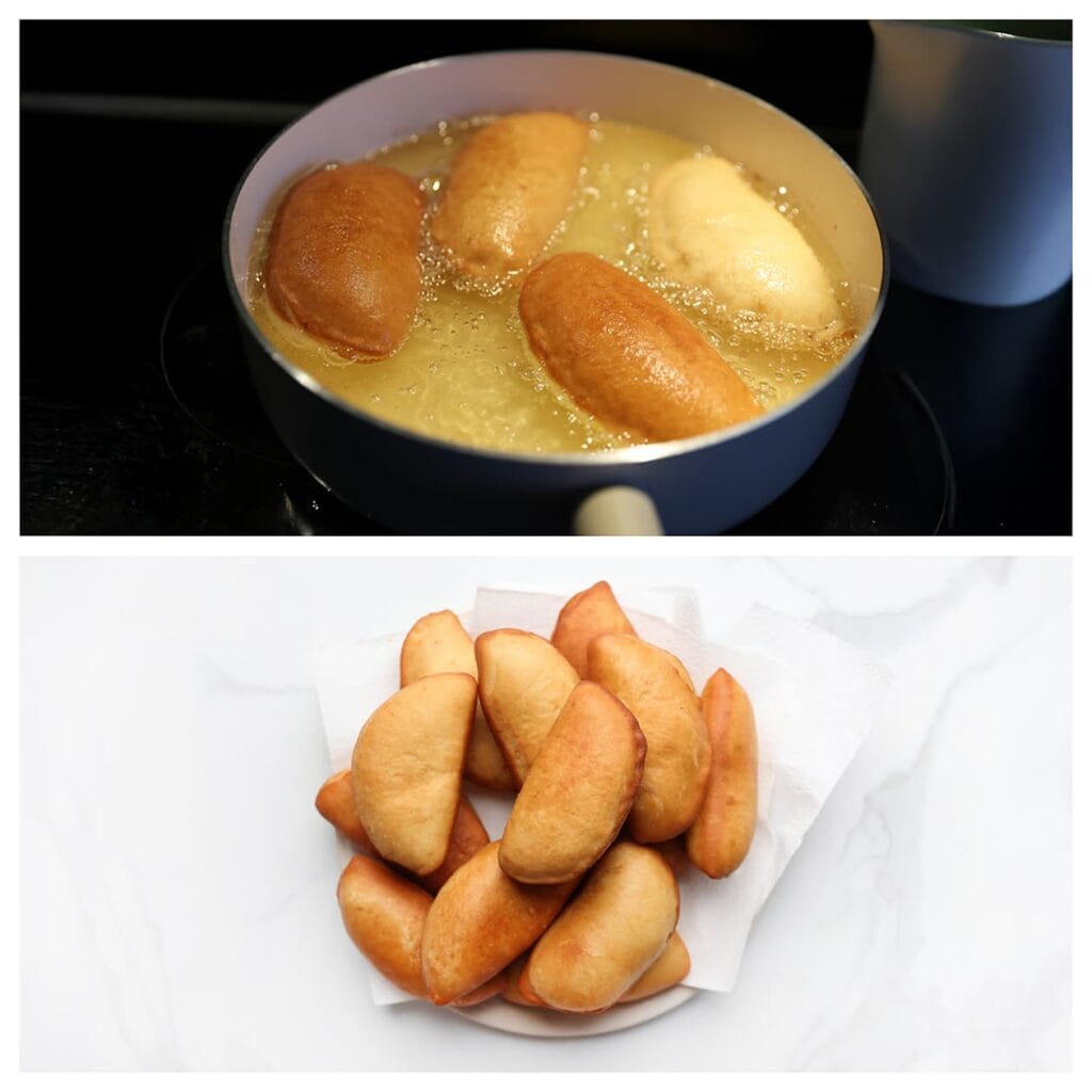 Verhit een laagje zonnebloemolie in een koekenpan tot ongeveer 175 °C. Bak de appeldonuts aan beide kanten goudbruin.