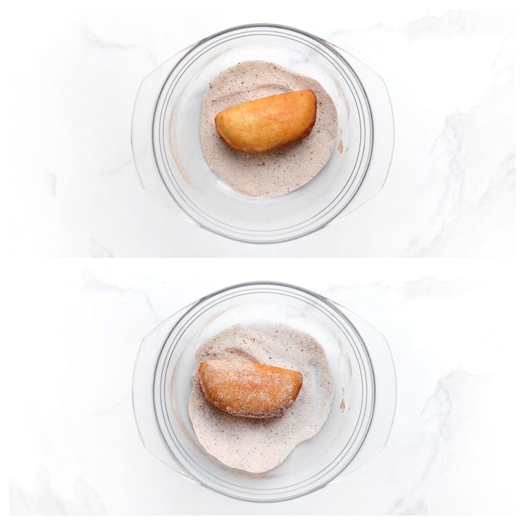 Wentel de appel-donuts, terwijl ze nog warm zijn, volledig door het kaneelsuikermengsel.