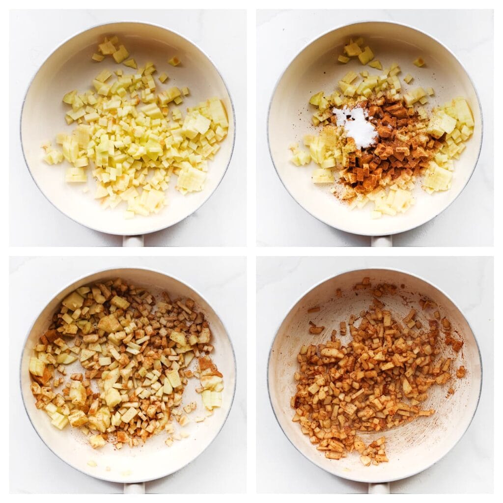 Schil de appels en snijd ze in kleine blokjes. Verhit een koekenpan op middelhoog vuur. Bak de appelstukjes samen met de vanillesuiker en het kaneelpoeder 5-7 minuten, of tot de appels zacht zijn en licht karamelliseren.