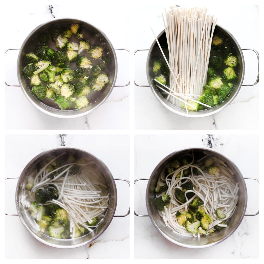 Breng een pan met ruim water aan de kook. Voeg de noedels en broccoli toe en kook 8-10 minuten. Giet af en zet apart.